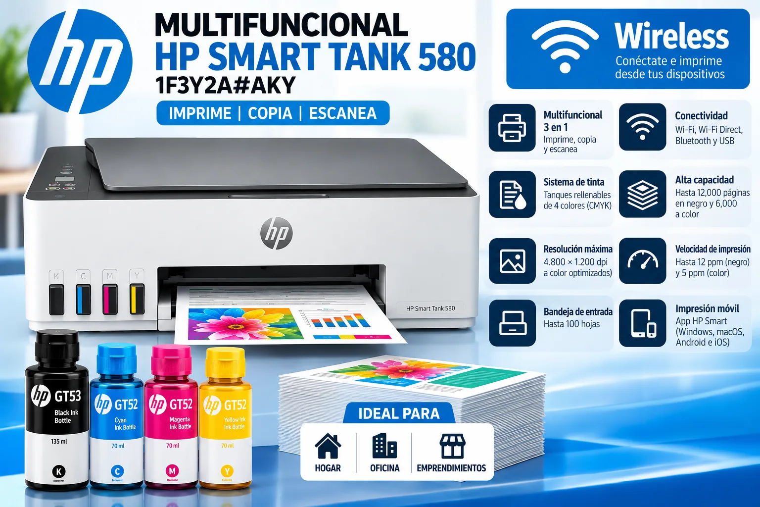 IMPRESORA HP SMART TANK 580 WIRELESS 1F3Y2A#AKY