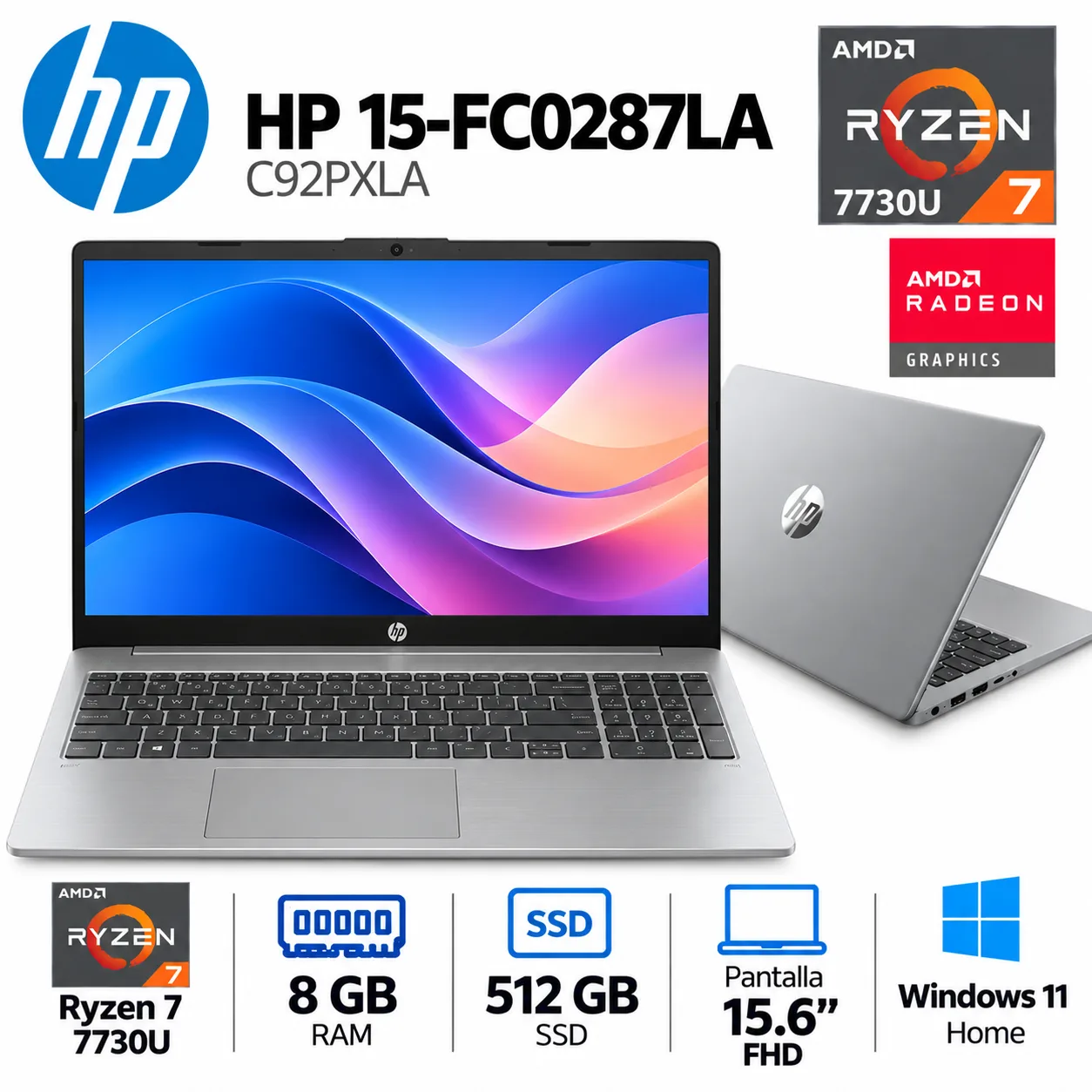LAPTOP HP 15-FC0287LA – AMD RYZEN 7 7730U / 8GB RAM / 512GB SSD / 15.6” FHD
