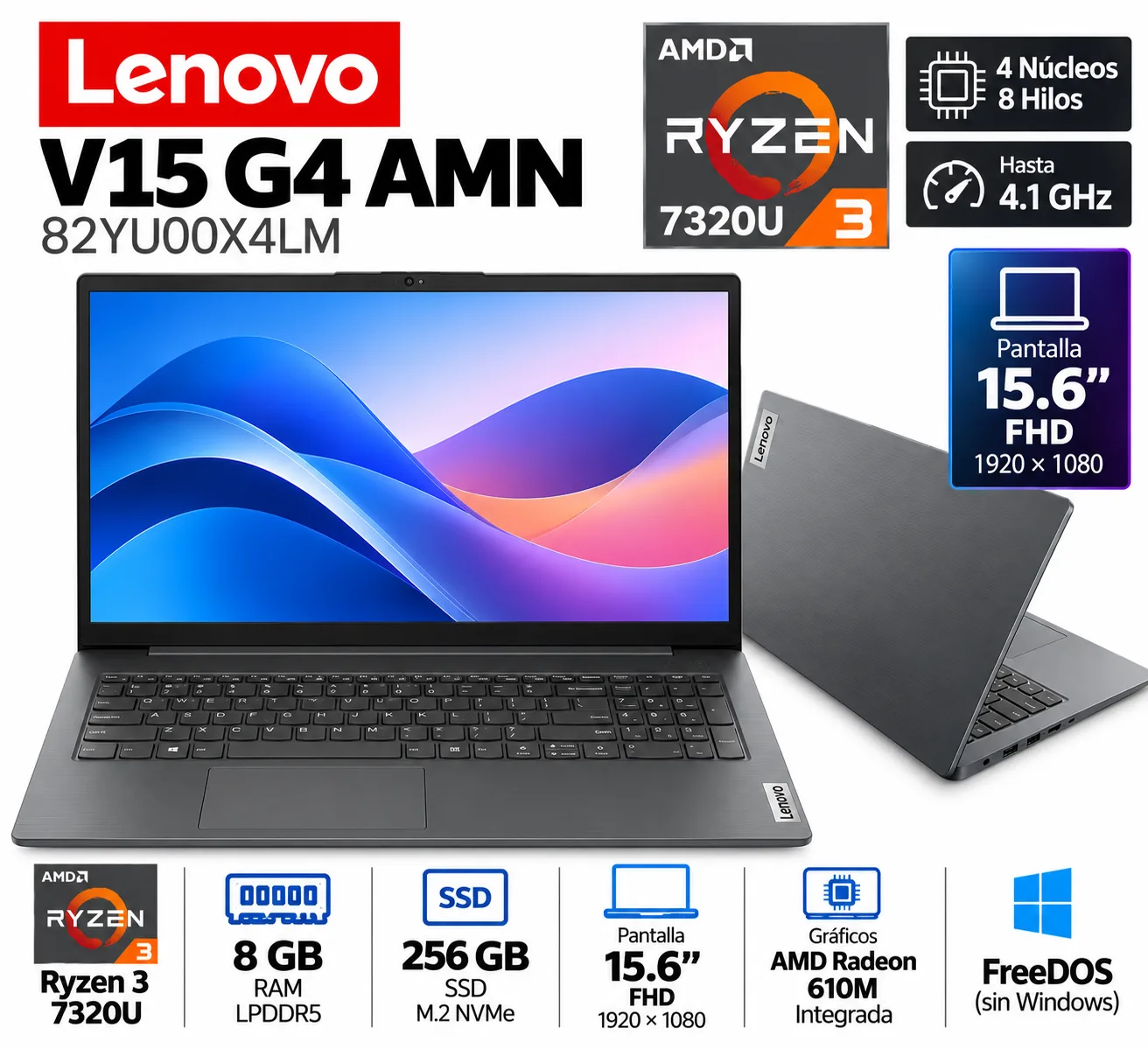 LAPTOP LENOVO V15 G4 AMN – AMD RYZEN 3 7320U / 8GB RAM / 256GB SSD / 15.6” FHD