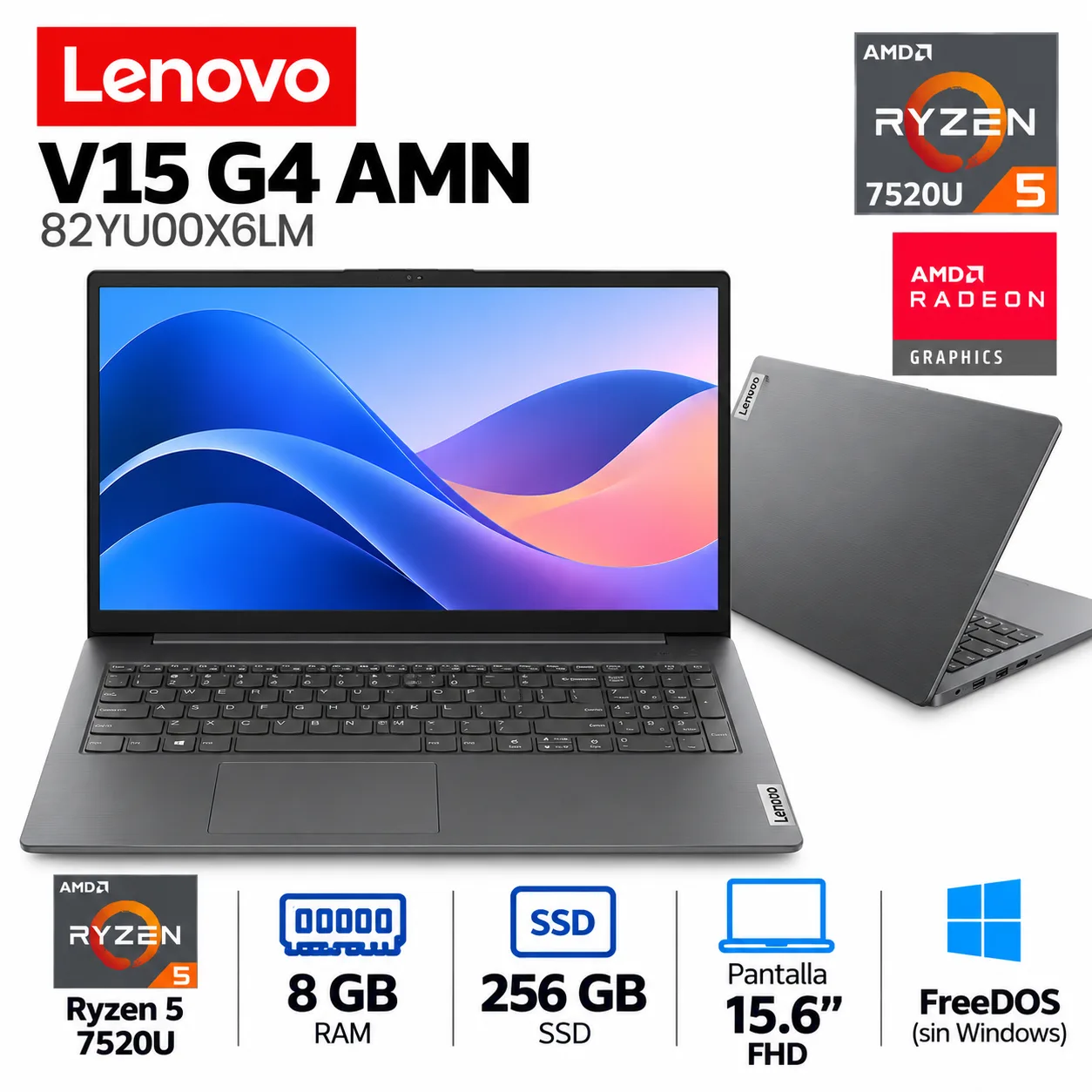 **LAPTOP LENOVO V15 G4 AMN – AMD RYZEN 5 7520U / 8GB RAM / 256GB SSD / 15.6” FHD**